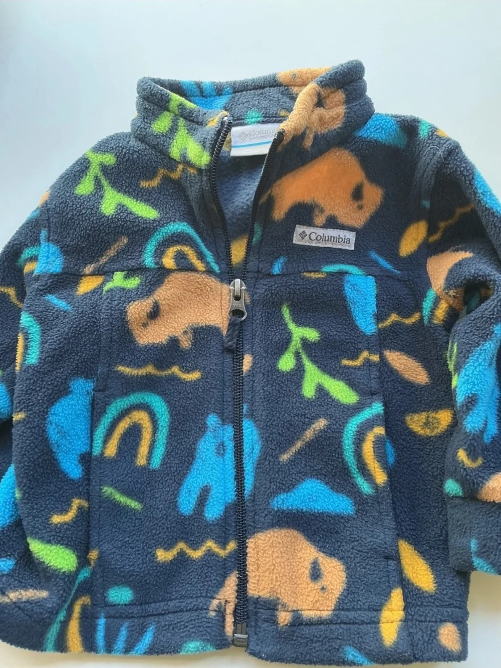 Columbia Navy Fleece Jacket with Blue, Tan & Green Animal Prints
